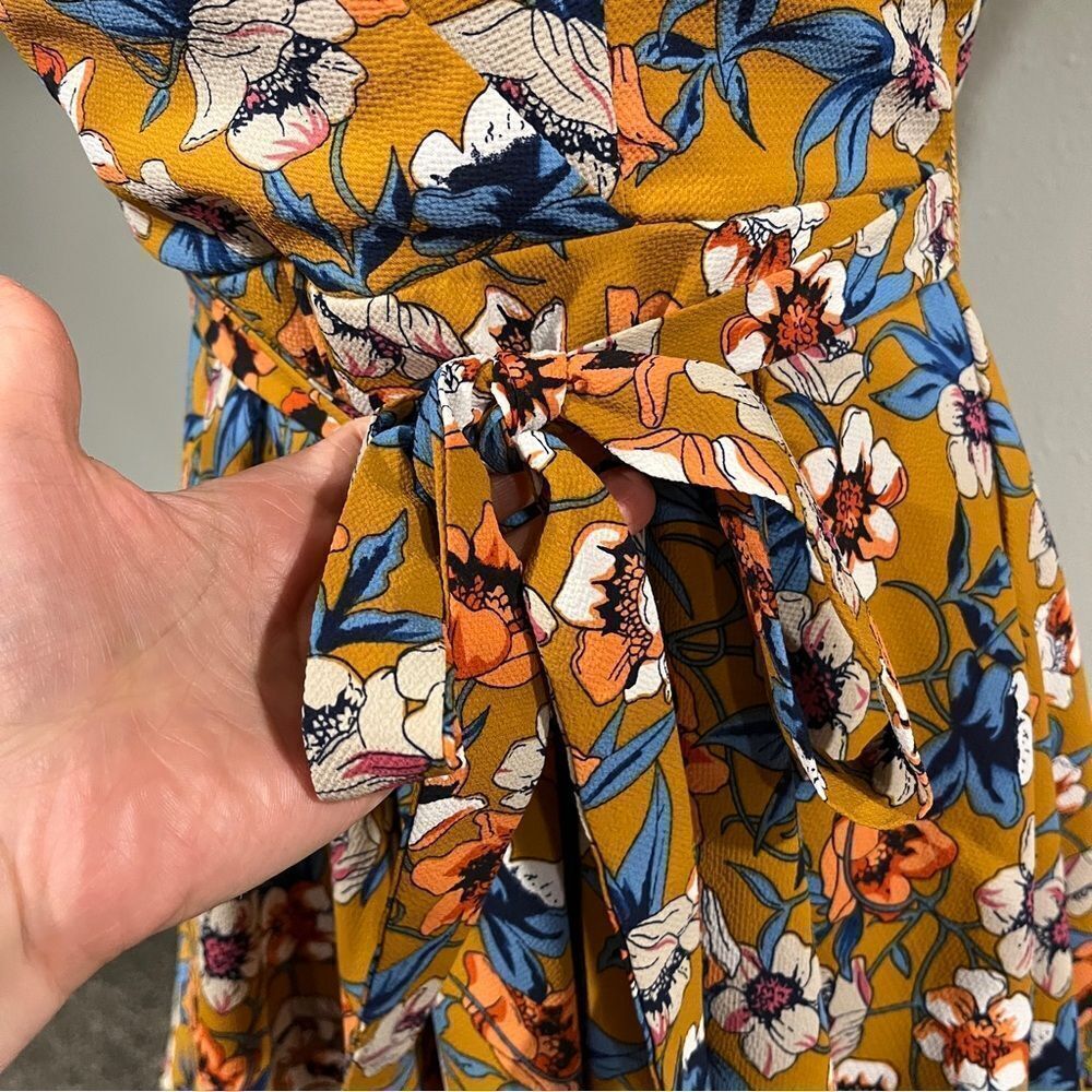 Mustard color Floral fake wrap mini Dress with straps size small - Picture 5 of 14
